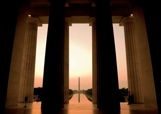 Looking east from within the Lincoln Memorial to the Washington Monument in the morning (see D on the map). Taken at ISO 640, f/8, 1/60 second with a 20mm lens.