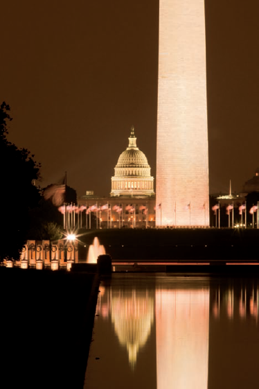 Looking east from the northwest end of the Lincoln Reflecting Pool (see A on the map). Taken at ISO 400, f/29, 30 seconds with a 365mm lens and a tripod.