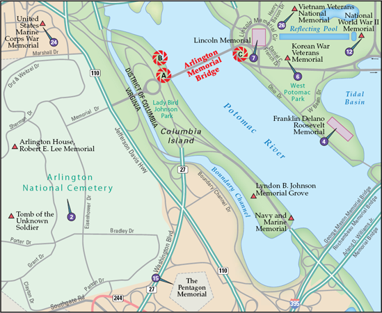 The best locations from which to photograph Arlington Memorial Bridge: (A) the west end, north side of the bridge, (B) the west bank of the Potomac River, north of the bridge, and (C) the east end, south side of the bridge. Nearby photo ops: (2) Arlington National Cemetery, (4) Franklin Delano Roosevelt Memorial, (6) Korean War Veterans Memorial, (7) Lincoln Memorial, (12) National World War II Memorial, (15) Pentagon Memorial, (24) United States Marine Corps War Memorial, and (26) the Vietnam Veterans National Memorial.