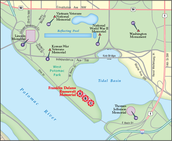 The best locations from which to photograph the Franklin Delano Roosevelt Memorial: (A) Room 2, (B) waterfalls in Room 3 and Room 4, and (C) Neil Estern's FDR statue. Nearby photo ops: (6) Korean War Veterans Memorial, (7) Lincoln Memorial, (12) National World War II Memorial, (18) Thomas Jefferson Memorial, (26) Vietnam Veterans National Memorial, and (27) Washington Monument.