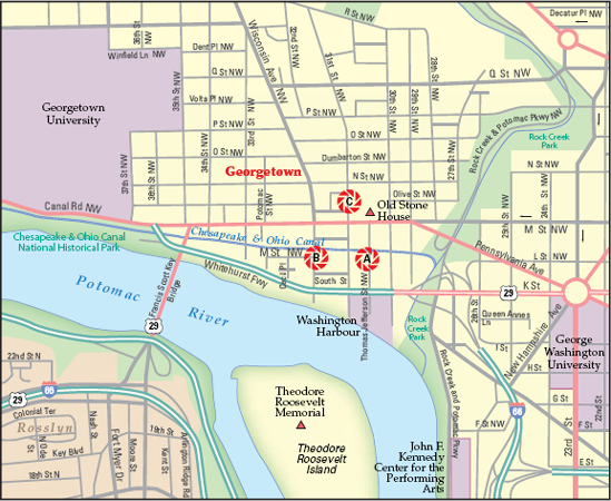 The best locations from which to photograph Georgetown: (A) C&O Canal at Thomas Jefferson St. NW, (B) the C&O Canal at Wisconsin Avenue, and (C) The Old Stone House.