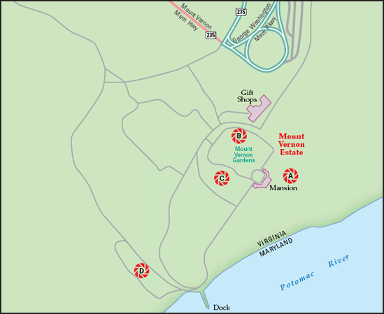 The best locations from which to photograph Mount Vernon Estate: (A) East mansion lawn, (B) west side of the mansion across the Bowling Green, (C) the outbuildings, and (D) George Washington: Pioneer Farmer.