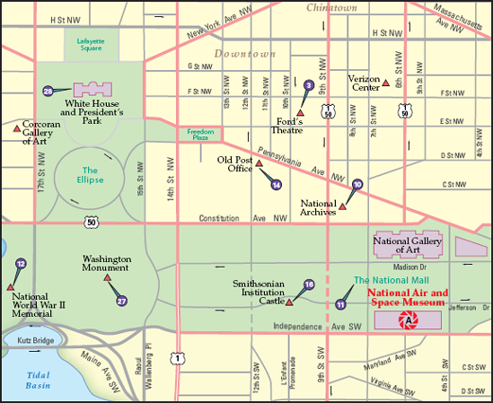 The best locations from which to photograph the National Air and Space Museum: (A) The museum's interior. Nearby photo ops: (3) Ford's Theatre, (10) National Archives, (11) National Mall, (12) National World War II Memorial, (14) Old Post Office, (16) Smithsonian Institution Castle, (27) Washington Monument, and (28) White House and President's Park.