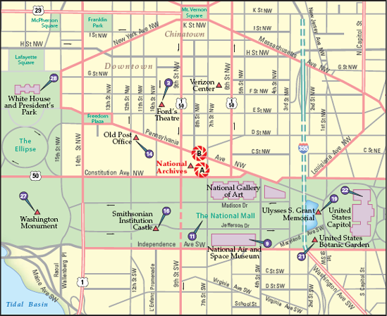 The best locations from which to photograph the National Archives: (A) the Rotunda for the Charters of Freedom and (B) the building's north entrance. Nearby photo ops: (3) Ford's Theatre, (9) National Air and Space Museum, (11) National Mall, (14) Old Post Office, (16) Smithsonian Institution Castle, (19) Ulysses S. Grant Memorial, (21) United States Botanic Garden, (22) United States Capitol, and (28) White House and President's Park.