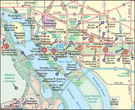 The best locations from which to photograph the National Mall: (A) south of the U.S. Marine Corps War Memorial, (B) the west side of the Capitol, (C) the southeast corner of the Lincoln Memorial, (D) between 3rd St. NW and 14th St. NW within the Mall, (E) the Old Post Office Tower, (F) atop the Washington Monument, and (G) next to the Lincoln Reflecting Pool. Nearby photo ops: (3) Ford's Theatre, (9) National Air and Space Museum, (10) National Archives, (14) Old Post Office tower, (16) Smithsonian Institution Castle, (19) Ulysses S. Grant Memorial, (21) United States Botanic Garden, (22) United States Capitol, (27) Washington Monument, (28) White House and President's Park.