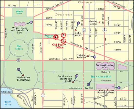 The best locations from which to photograph the Old Post Office: (A) the 1300 block of Pennsylvania Avenue NW, (B) the 1200 block of Pennsylvania Avenue NW, and (C) in front of the Old Post Office. Nearby photo ops: (3) Ford's Theatre, (9) National Air and Space Museum, (10) National Archives, (11) National Mall, (16) Smithsonian Institution Castle, (27) Washington Monument, (28) White House and President's Park.