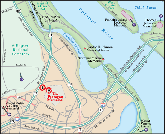 The best locations from which to photograph the Pentagon Memorial: (A) within the memorial and (B) along the Age Wall. Nearby photo ops: (2) Arlington National Cemetery, (4) Franklin Delano Roosevelt Memorial, (18)Thomas Jefferson Memorial, and (20) United States Air Force Memorial.