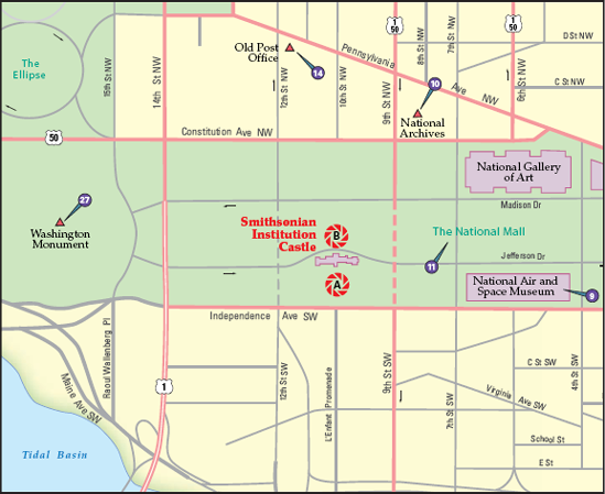 The best locations from which to photograph the Smithsonian Institution Castle: (A) the south-side garden and (B) the north side of the castle. Nearby photo ops: (9)National Air and Space Museum, (10) National Archives, (11) National Mall, (14) OldPost Office, and (27) Washington Monument.