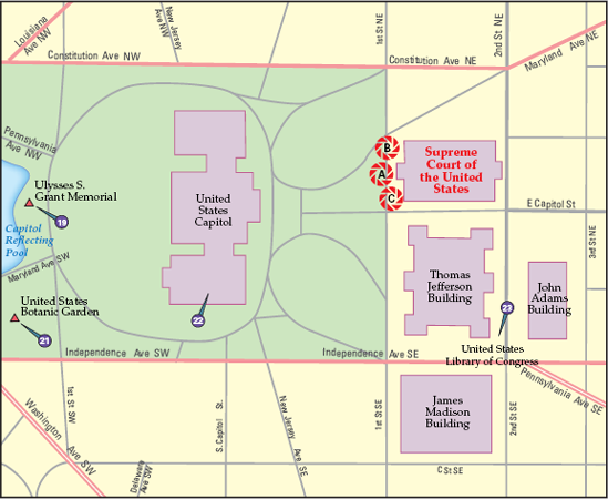 The best locations from which to photograph the Supreme Court of the United States: (A) west exterior facing east, (B) main steps, and (C) marble columns at west entrance. Nearby photo ops: (19) Ulysses S. Grant Memorial, (21) United States Botanic Garden, (22) United States Capitol, and (23) United States Library of Congress.