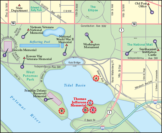 The best locations from which to photograph the Thomas Jefferson Memorial: (A) the northeast side of the Tidal Basin, (B) the southwest side of the Tidal Basin, (C) the Thomas Jefferson Memorial steps, (D) the westside outer walkway, and (E) the interior of the Memorial. Nearby photo ops: (7) Lincoln Memorial, (11) National Mall, (12) National World War II Memorial, (14) Old Post Office, (16) Smithsonian Institution Castle (26) Vietnam Veterans National Memorial, and (27) Washington Monument.