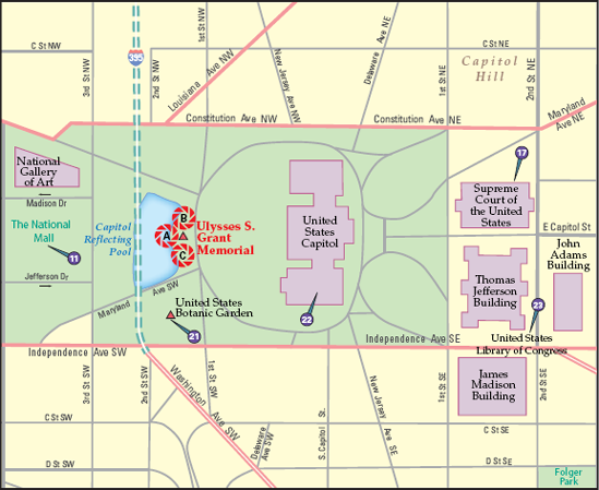 The best locations from which to photograph the Ulysses S. Grant Memorial: (A) Grant and his wartime horse Cincinnati, (B) The Cavalry Group, and (C) The Artillery Group. Nearby photo ops: (11) National Mall, (17) Supreme Court of the United States, (21) United States Botanic Garden, (22) United States Capitol, (23) United States Library of Congress.