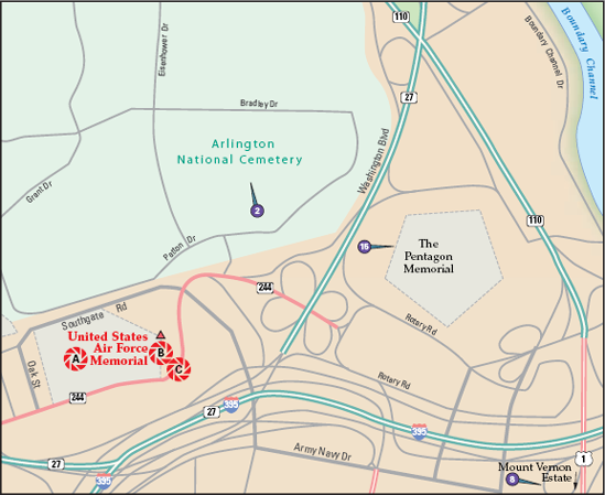 The best locations from which to photograph the United States Air Force Memorial: (A) facing east from the memorial, (B) at the memorial's base, and (C) S. Columbia Pike. Nearby photo ops: (2) Arlington National Cemetery, (8) Mount Vernon Estate (13 miles south), and (15) Pentagon Memorial.