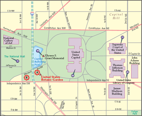 The best locations from which to photograph the United States Botanic Garden: (A) the Conservatory and (B) the National Garden. Nearby photo ops: (11) National Mall, (17) Supreme Court of the United States, (19) Ulysses S. Grant Memorial, (22) United States Capitol, and (23) United States Library of Congress.