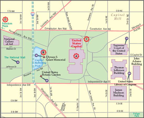 The best locations from which to photograph the Capitol: (A) the interior of the Rotunda, (B) the Capitol Reflecting Pool, (C) the northeast corner, and (D) Freedom Plaza (1.5 miles northwest). Nearby photo ops: (11) the National Mall, (17) Supreme Court of the United States, (19) Ulysses S. Grant Memorial, (21) United States Botanic Garden, and (23) United States Library of Congress.