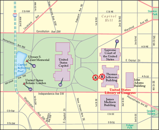 The best locations from which to photograph the Thomas Jefferson Building of the Library of Congress: (A) 1st St. SE and (B) inside the Great Hall. Nearby photo ops: (17) Supreme Court of the United States, (19) Ulysses S. Grant Memorial, (21) United States Botanic Garden, (22) United States Capitol.