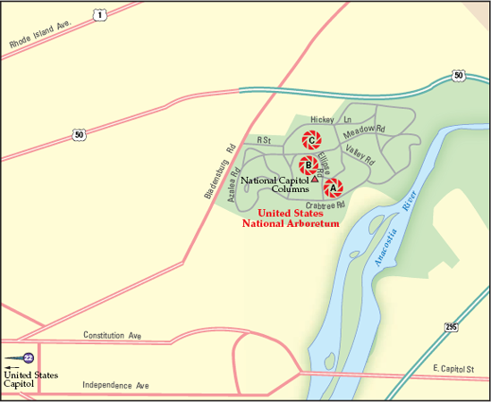 The best locations from which to photograph the United States National Arboretum: (A) the Capitol Columns from the southeast intersection of Ellipse Rd. NE and Beechwood Rd, (B) Capitol Columns, and (C) the administration building.