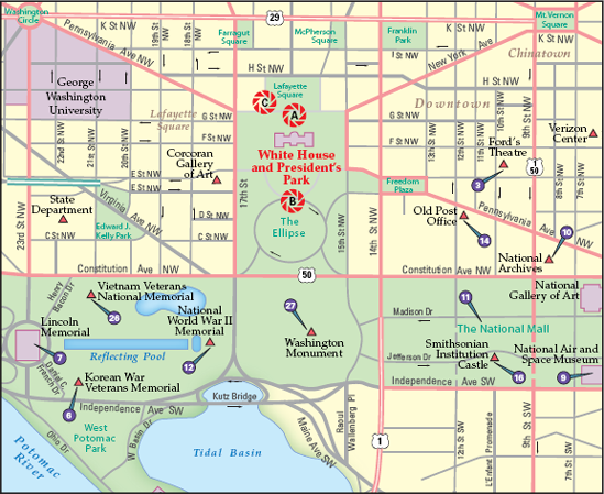 The best locations from which to photograph the White House and President's Park: (A) the sidewalk at 1600 Pennsylvania Avenue NW, (B) E Street NW, and (C) General Jackson statue in Lafayette Park. Nearby photo ops: (3) Ford's Theatre, (7) Lincoln Memorial, (9) National Air and Space Museum, (10) National Archives, (11) National Mall, (12) National World War II Memorial, (14) Old Post Office, (16) Smithsonian Institution Castle, (26) Vietnam Veterans National Memorial, and (27) Washington Monument.