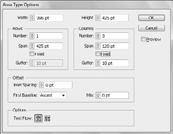 The Area Type Options dialog box lets you create columns of text.