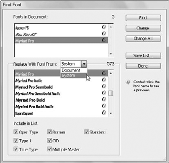 Use the Find Font dialog box to find and replace typefaces.