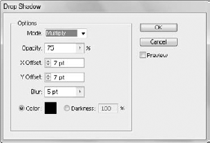 The Drop Shadow dialog box gives the effect's options and preview.