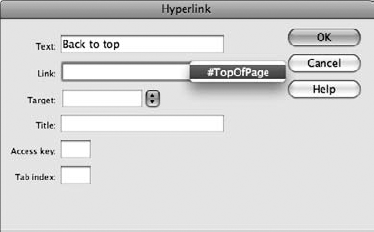 Select the anchor name in the Hyperlink dialog box.