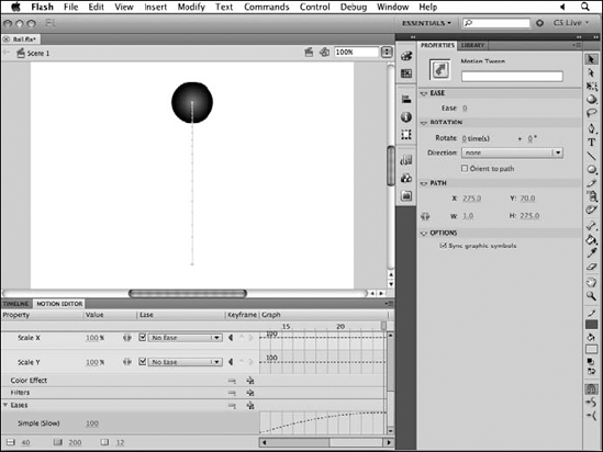 Apply an ease to your tween from the Motion Editor; the ease slows down the ball when it reaches he top of the stage.