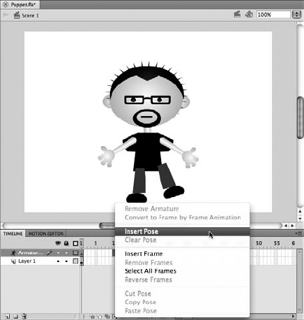 Right-click any frame on an Armature layer to insert a pose.