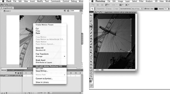Right-click any bitmap on the stage or in your library to edit in Photoshop CS5 (left) and then modify it in Photoshop CS5 (right) and save it to update your movie.