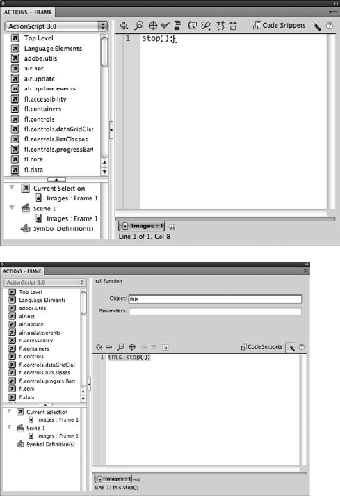 The Actions Panel lets you create code by freely typing in the Code Editor window (top) or building scripts by using the Script Assist mode (bottom).