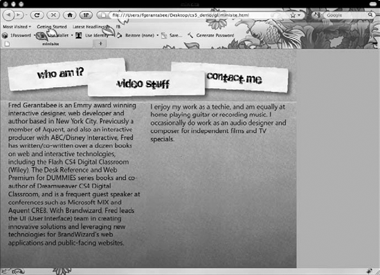 A published Flash movie for the Web generates a .swf and companion HTML file (viewed here in a browser).