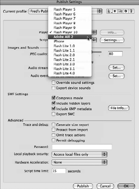To publish your Flash movie as an AIR application, choose AIR 2.0 as the player type in the Publish Settings dialog box.