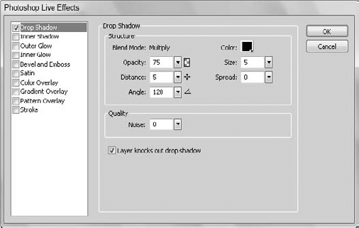 Set text effects in the Photoshop Live Effects dialog box.