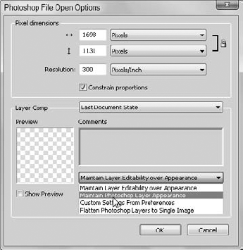 Importing a native Photoshop file into Fireworks.