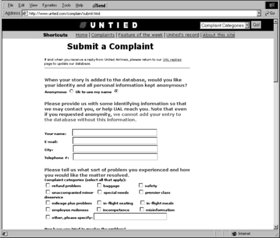 You won't find a form like this on the United Airline's site, but on the Untied site, your complaints will be forwarded to the airline with its agreement.
