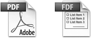 The icon of an Acrobat PDF file (left) and that of an FDF file (right).