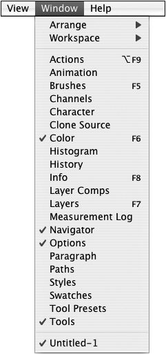 A check mark indicates that the panel is already open on your screen.