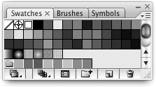 The Swatches, Brushes, and Symbols panels grouped in Illustrator, with the Swatches panel in front.