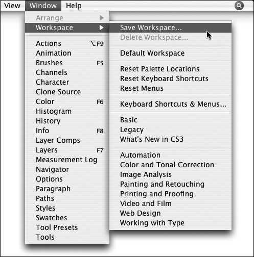 Saving a workspace in Photoshop.