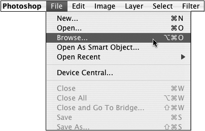 Keyboard shortcuts indicated in the File menu of Photoshop.