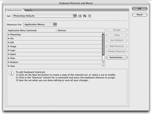 The Keyboard Shortcuts dialog box in Photoshop.