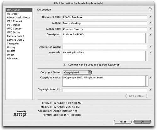 The File Information dialog box in InDesign.