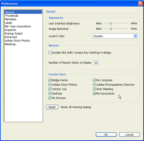 Control what is visible within the Favorites panel using the General preferences.