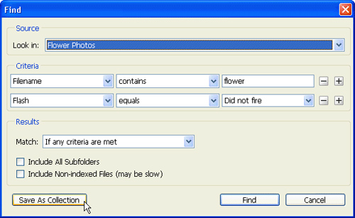 Use the Find feature to locate files based on metadata and to create collections of search criteria.