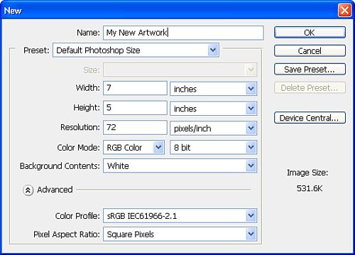 Choose the settings for your new file.