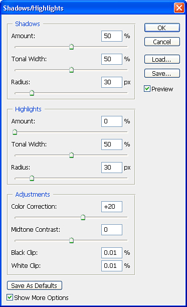 Choose your adjustments for shadows and highlights.