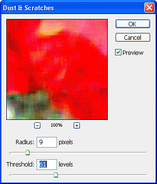 The Dust and Scratches Filter can clean up flaws in your original source photos.