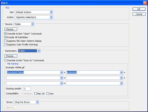 Choose the options for how Photoshop will handle files during batch operations.