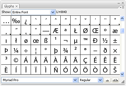 The Glyphs panel in Illustrator.