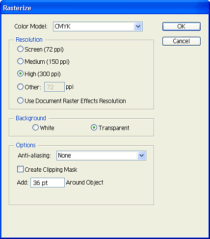 The options available for the Rasterize effect.