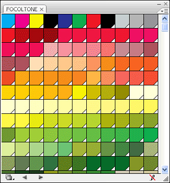 The Swatches panel with the Large Thumbnail View option chosen from the panel flyout menu. Global process colors display with a white triangle in the corner of the swatch.